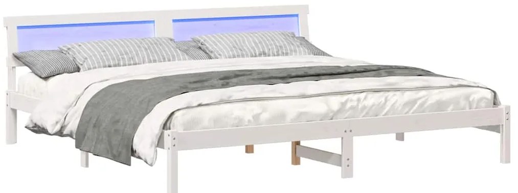 Ágykeret LED -es lámpákkal Fehér 200 x 200 cm Tömör fenyőfa