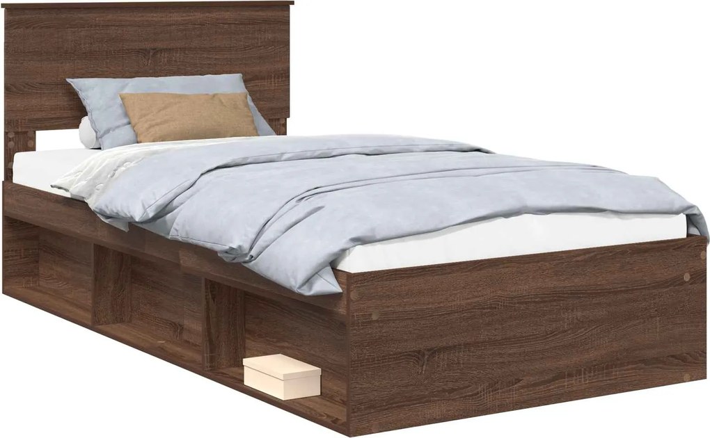 vidaXL Ágykeret fejtámlával Barna Tölgy 100 x 200 cm Tömör fenyőfa