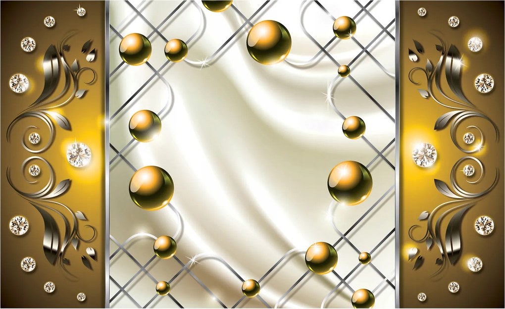Flizelin fotótapéta Arany gömbök ezüst háló krém háttér 416x254 +ragasztó