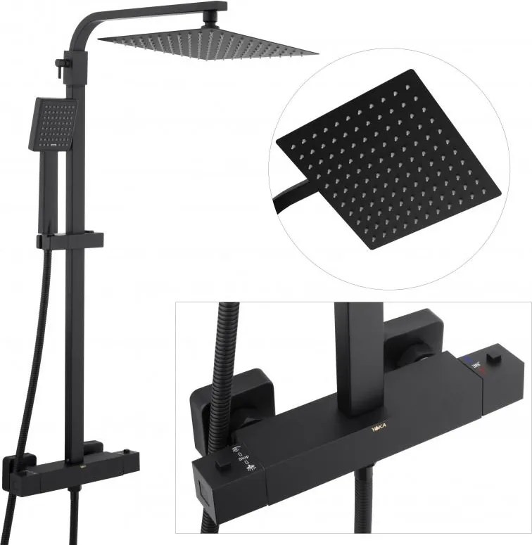 Erga Goba, zuhanygarnitúra termosztát elemmel és esőfejjel 25x25cm, fekete matt, ERG-YKA-BP.GOBA-THERM-25-BLK
