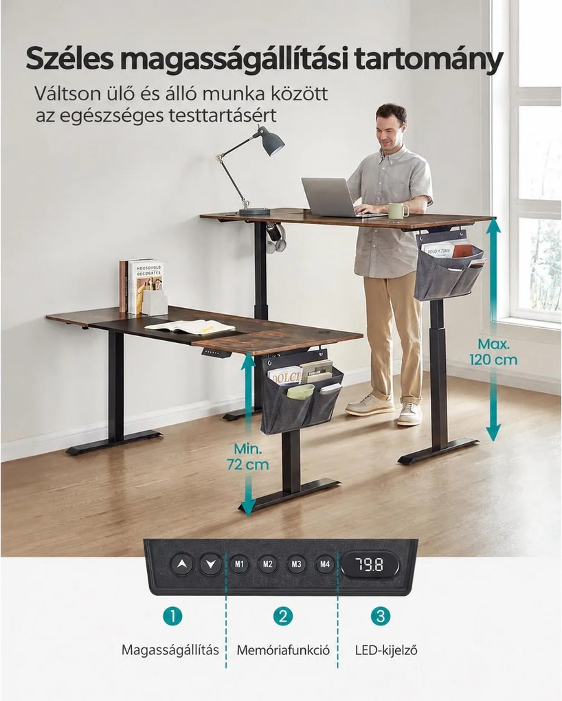 Elektromosan állítható íróasztal, 160 x 70 cm, 72–120 cm, 4 memóriahellyel, vintage barna/fekete
