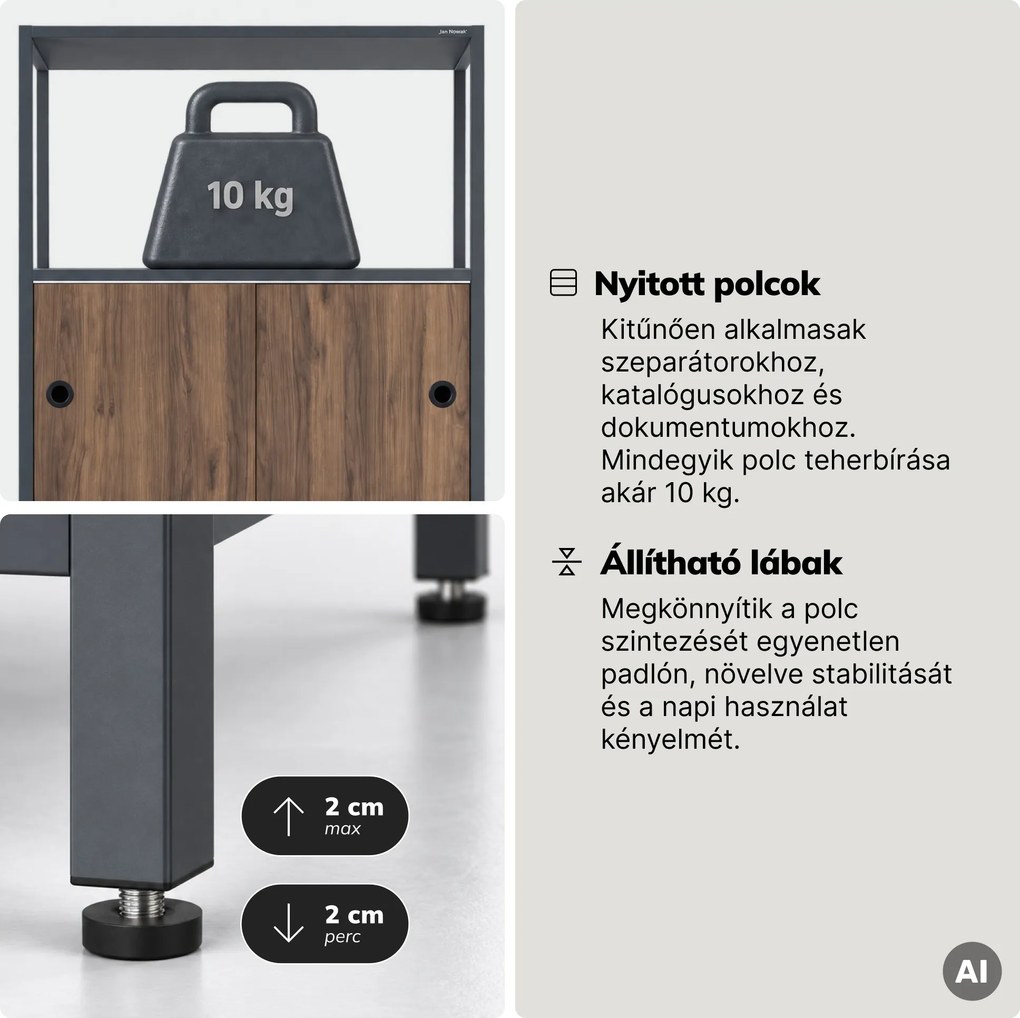 Iratrendező polc zárható szekrénnyel, irodai, nyitott polcok, fém antracit/dió, 800x2200x400 mm: ARIEL Eco Design