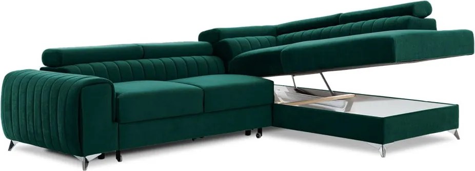Zöld bársony kinyitható-tárolóhelyes sarokkanapé (jobb oldali-L alakú) Laurence – ELTAP