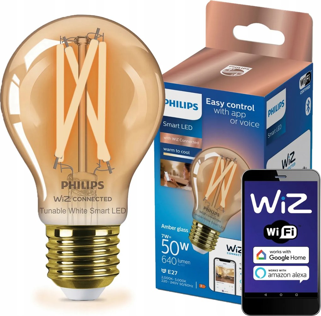 Led izzó E27 A60 7W 50W Filament Borostyán Smart WiFi Philips WiZ