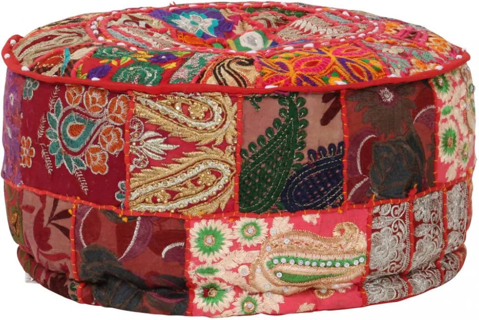 kézzel készült kerek piros pamut patchwork puff 40 x 20 cm