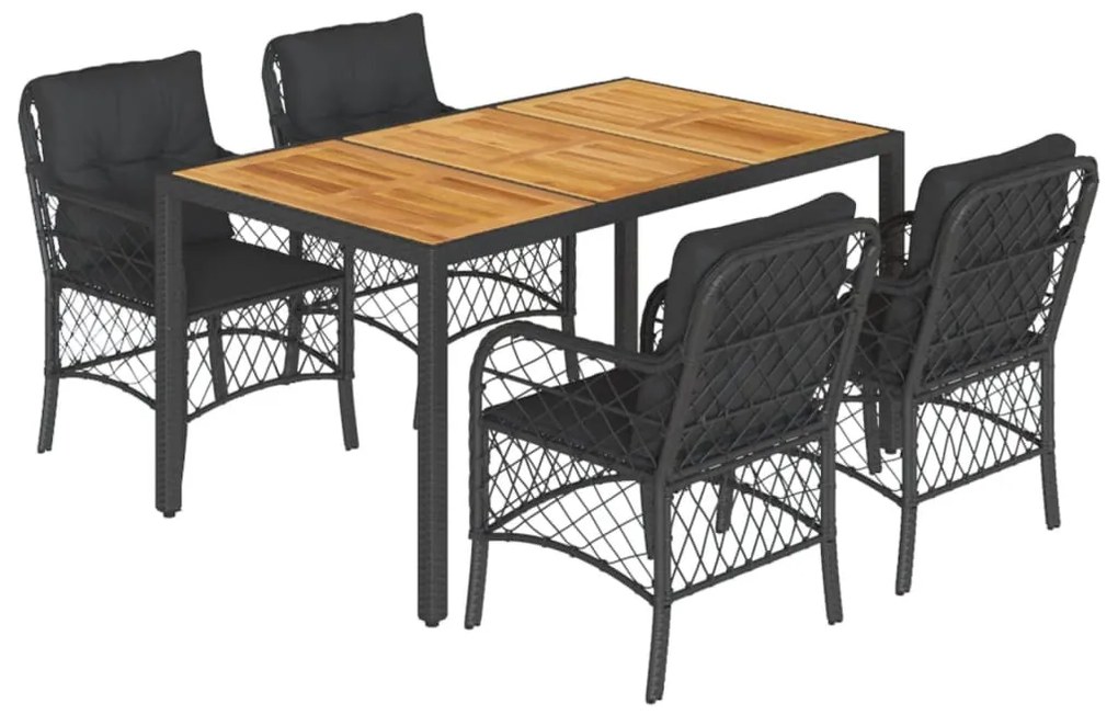 5 részes fekete polyrattan kerti étkezőgarnitúra párnákkal
