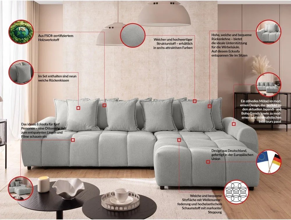 Világosszürke sarokkanapé (jobb oldali-heverő résszel) Albane – Ropez