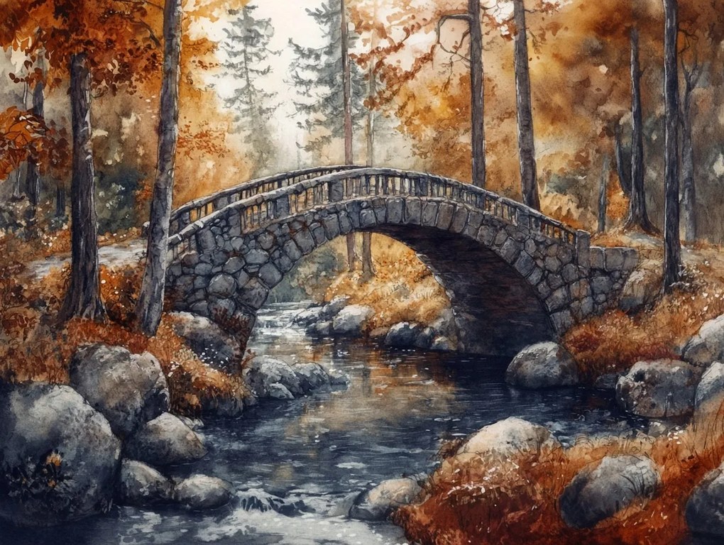 Vászonkép Canvas Tájkép Erdő Ősz Híd Patak 80x60