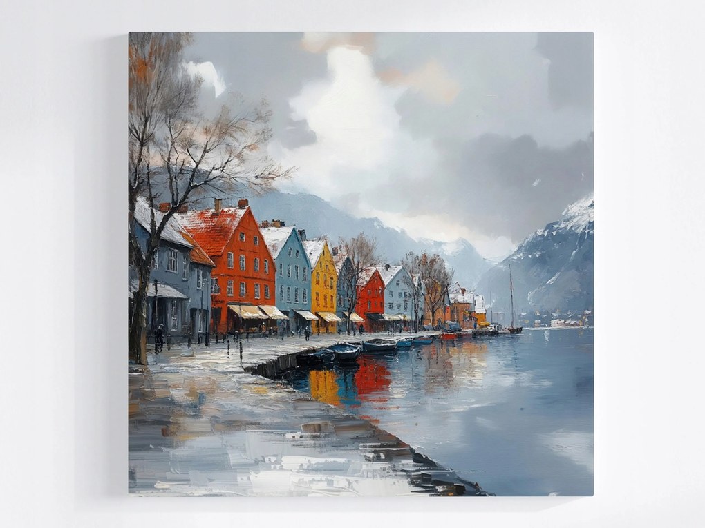 Poszter Norvégia Hegyek Bergen Bérházak Fjord Tél 80x80