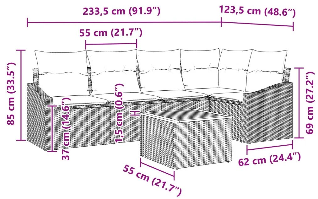 6 Darab Kert Kanapé Szett Párnákkal Bézs Poli Rattan Akácia