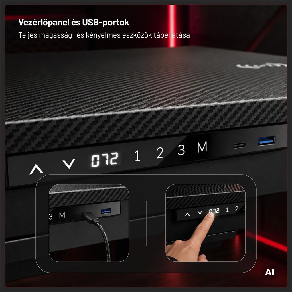 Gamer íróasztal elektromosan állítható, beépített vezeték nélküli QI töltő és USB: Diablo X-RIFT fekete