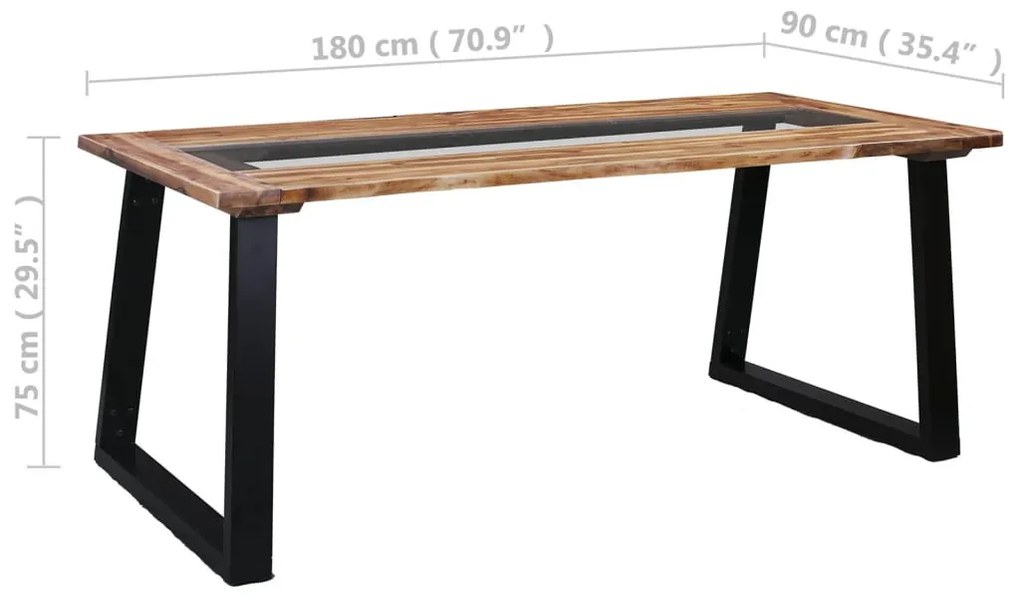 Tömör akácfa és üveg étkezőasztal 180 x 90 x 75 cm