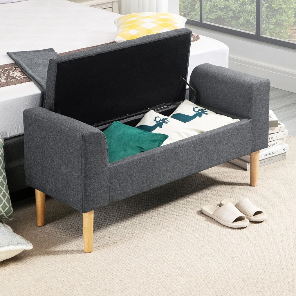HOMCOM Kárpitozott Tároló Ottoman Pad Karfával, Tároló Pad Hálószobába, Előszobába, Nappaliba, 130 Kg-ig, Méretek: 116 x 44 x 58 cm (Sötétszürke) | Ao