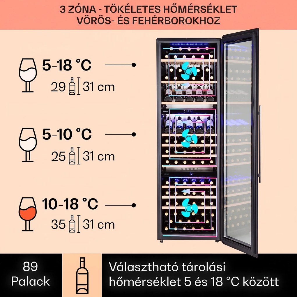 Klarstein Vinsider 89 beépíthető háromrészes borhűtő 5–18 °C érintőképernyős vezérlés fa polcokkal