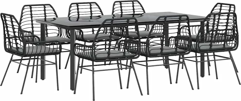 vidaXL 9 részes fekete polyrattan üveg kerti étkezőgarnitúra párnákkal