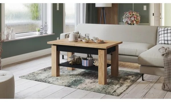 Bővíthető dohányzó- és étkezőasztal polccal ADONIS craft tölgy/fekete