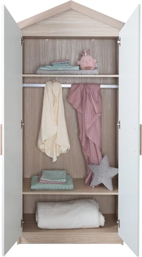 Fehér-natúr színű gyerek ruhásszekrény tölgyfa dekorral 96x190x50 cm Cabane – Roba