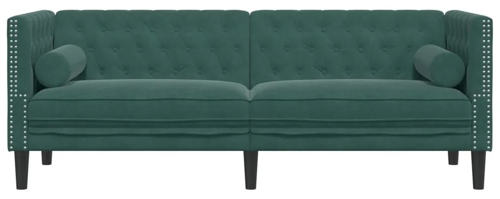 3 személyes sötétzöld bársony Chesterfield kanapé párnákkal