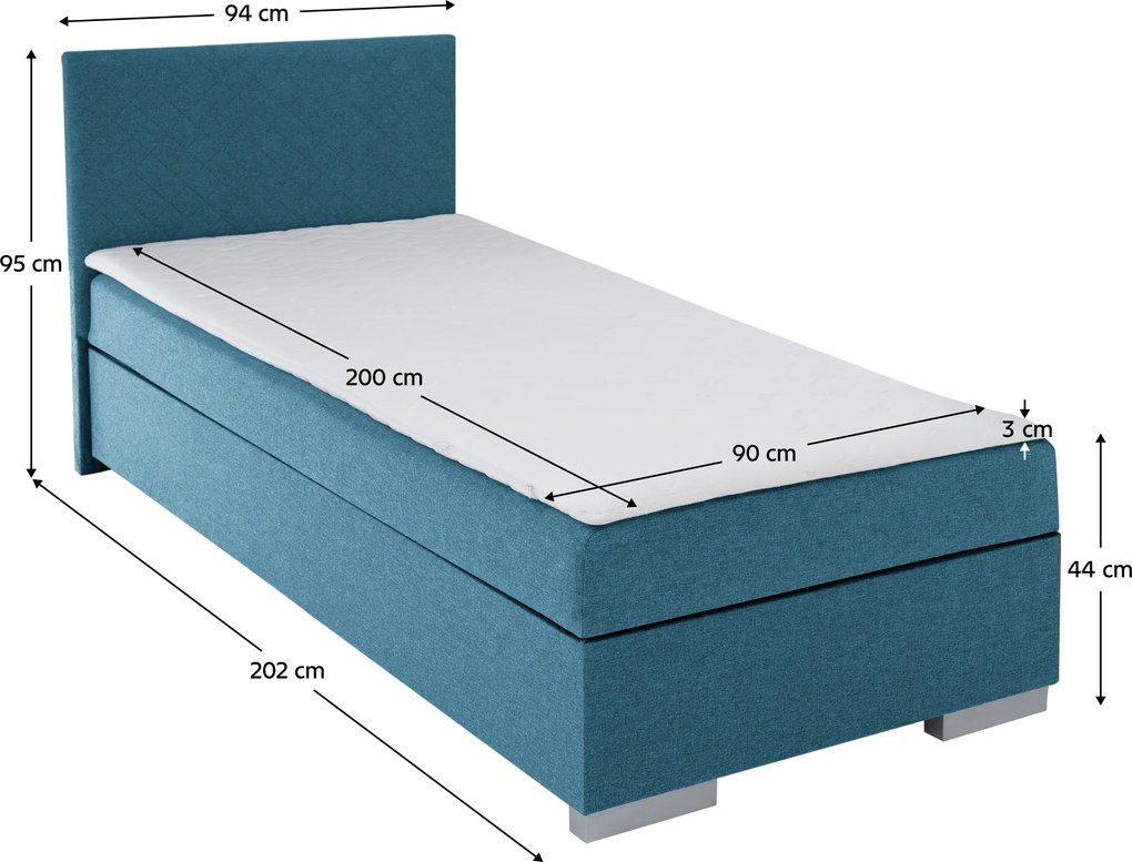 Boxspring ágy, egyszemélyes, azúrkék, 90x200, univerzális, ADARA