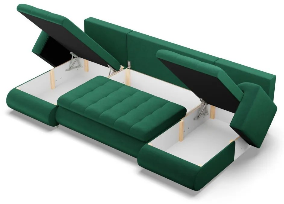 Tokio U alakú sarokkanapé, 3 ágyneműtartóval, bársony, univerzális oldal, zöld