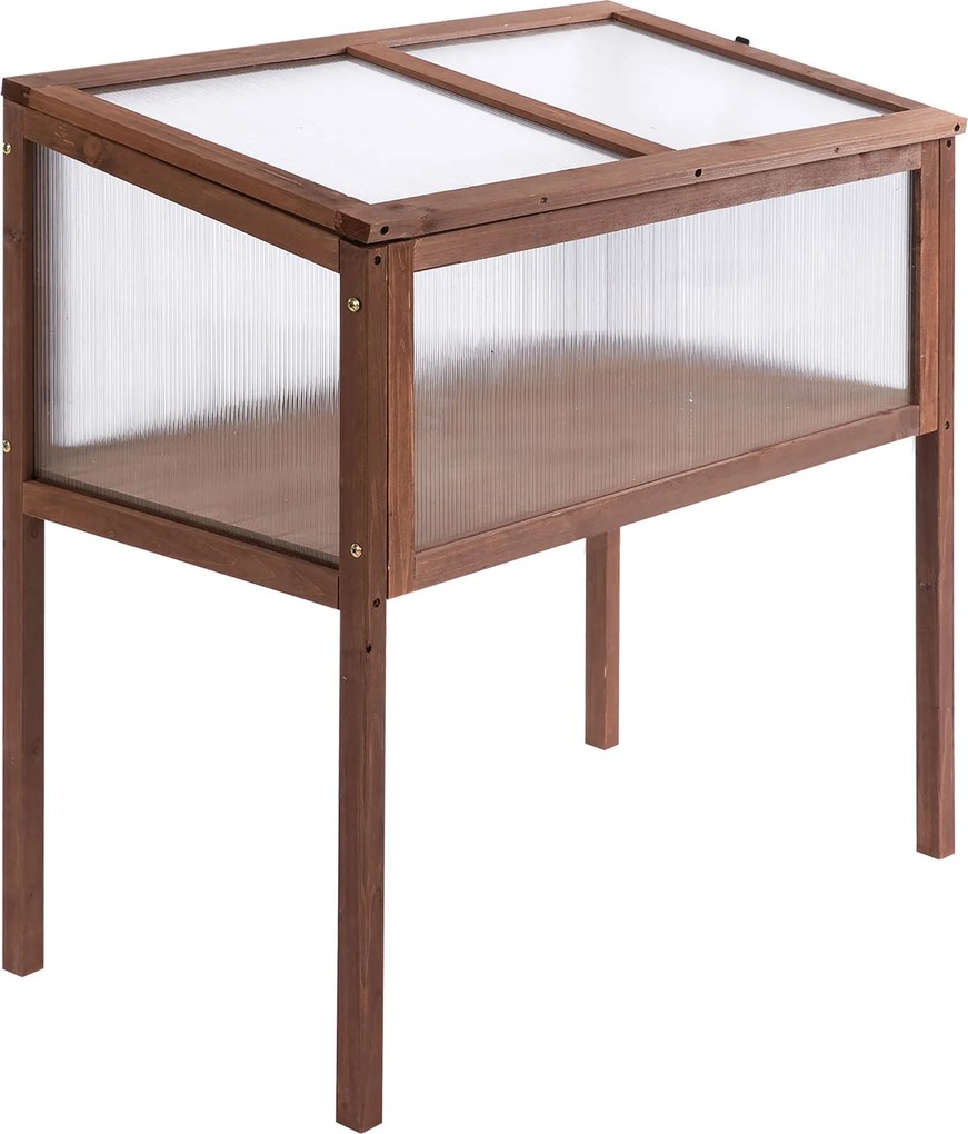 Outsunny Fa Magaságyás Üvegház 90 x 50 x 93 cm Ültetőasztal Fedéllel, Időjárásálló Fűszernövény Ültető Kertbe, Erkélyre és Teraszra Barna | Aosom