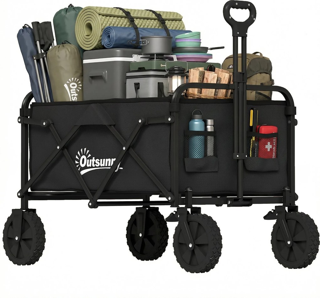Outsunny összecsukható strandkocsi zárható nagy kerekekkel, állítható fogantyúval, pohártartóval, fémvázzal — 80 kg teherbírás, fekete | Aosom
