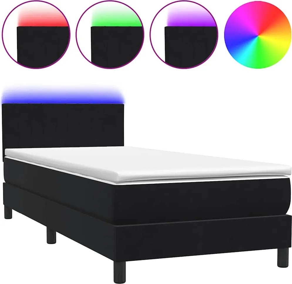 vidaXL fekete bársony rugós és LED-es ágy matraccal 90x210 cm