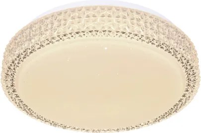 Globo 41749-12 Mennyezeti lámpa fehér váz, akril fehér búra, akril-kristály és sparkle effekt dekorral. Fali kapcsolóról 3 lépésben színhőmérsékletváltós. Ø:260, H:80, tartozék: 1xLED 12W 230V, 980lm, CCT 3.000-4500-6.500