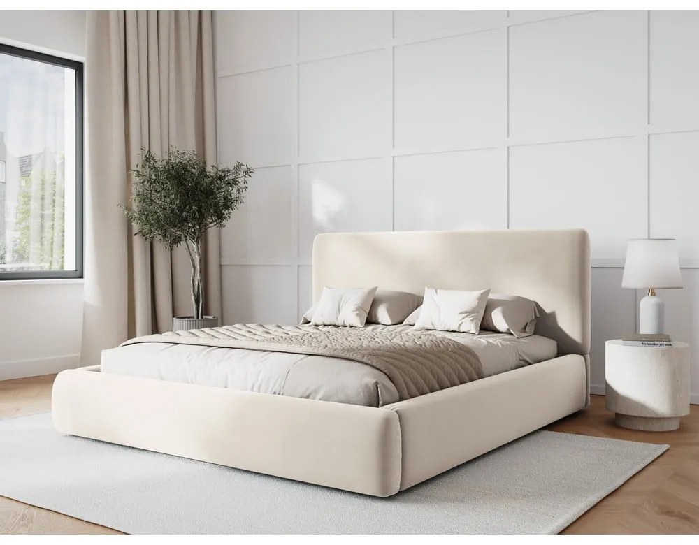 Bézs kárpitozott ágyneműtartós franciaágy ágyráccsal 140x200 cm Colonel – Cosmopolitan Design