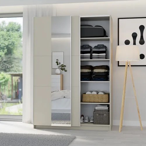 LUSE Gardrobeszekrény Beige Színben Tükörrel 150 cm