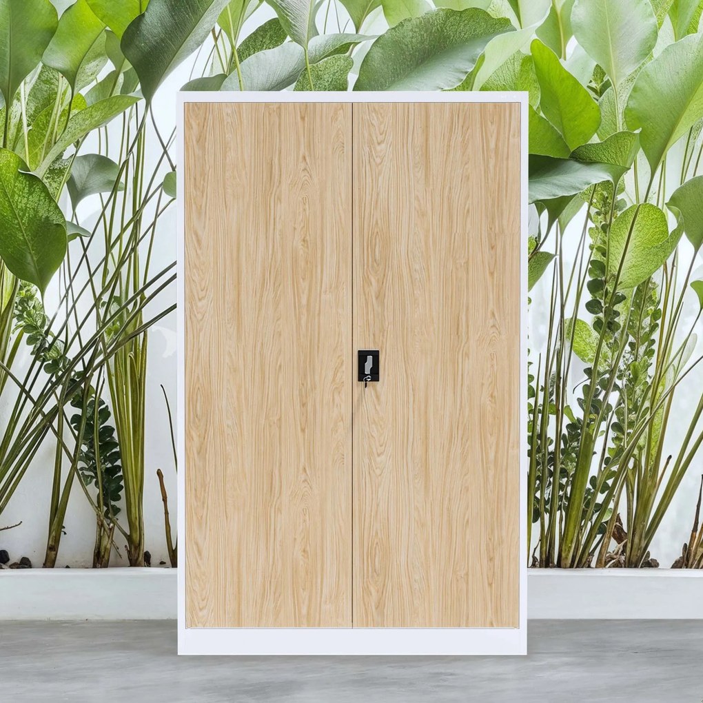 Fém irodai iratszekrény, széles, fehér/sonoma tölgy, 1150x1850x400 mm: JAN II Eco Design