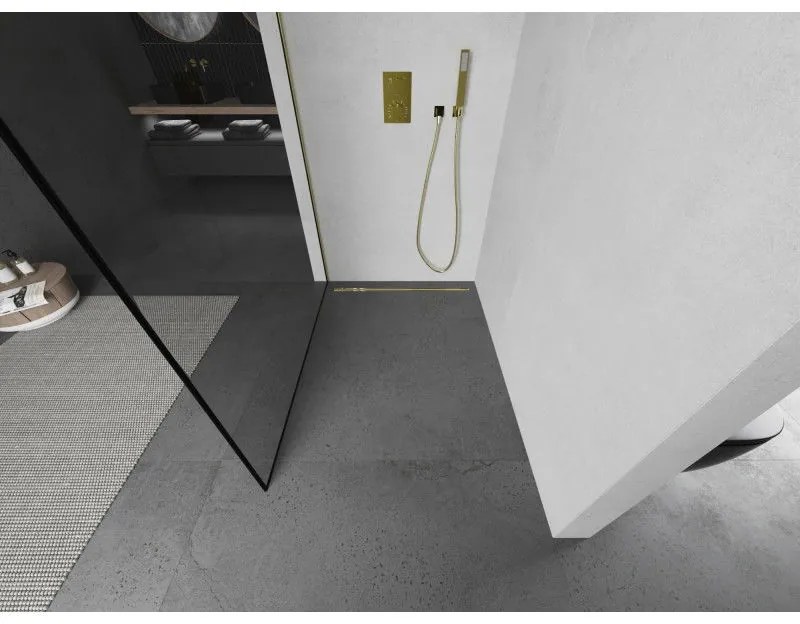Mexen Kioto zuhanyparaván 70x200 cm 8 mm, arany profil, üveg fekete keret, 800-070-101-50-70