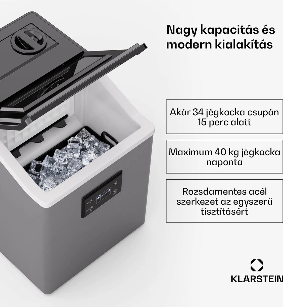 Klarstein FrostMaster, jégkészítő, 40 kg jégkocka naponta, rozsdamentes acél borító, LED kijelző, mellékelve jégkanál