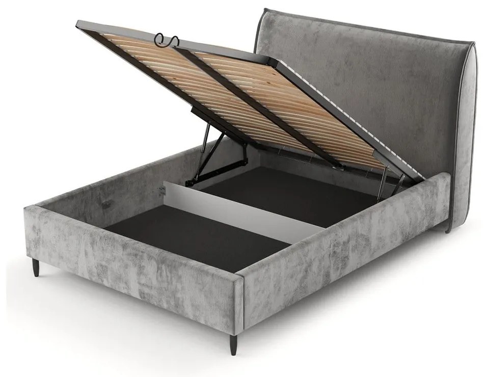 Szürke kárpitozott ágyneműtartós franciaágy ágyráccsal 160x200 cm Shell – Maison de Rêve