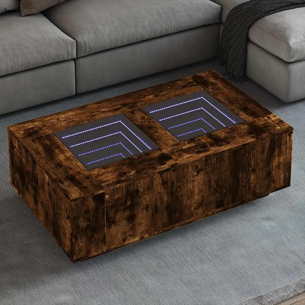 Tölgy színű végtelen hatású LED-es dohányzóasztal 116x69x40 cm