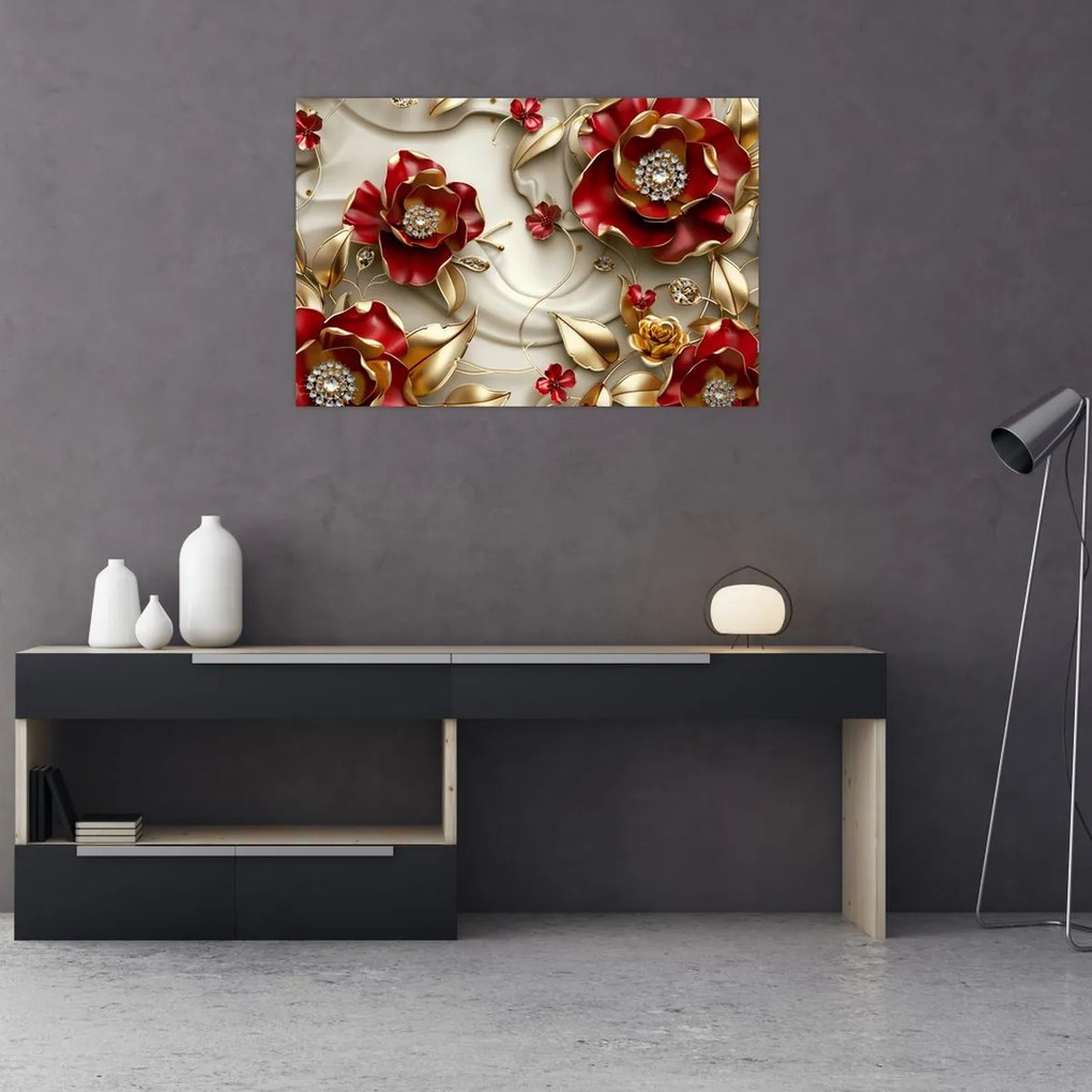 Kép - 3D piros-arany virágok (90x60 cm)