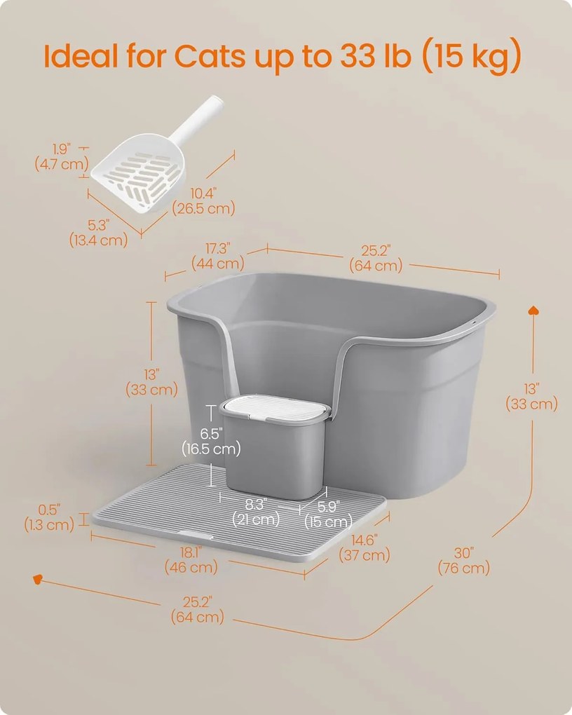 Extra nagy macskaalomdoboz magas oldalfallal, alomfogó ráccsal, szürke színben