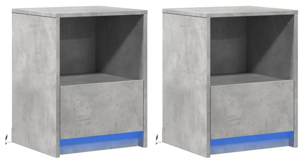 2 db betonszürke szerelt fa éjjeliszekrény LED-fényekkel