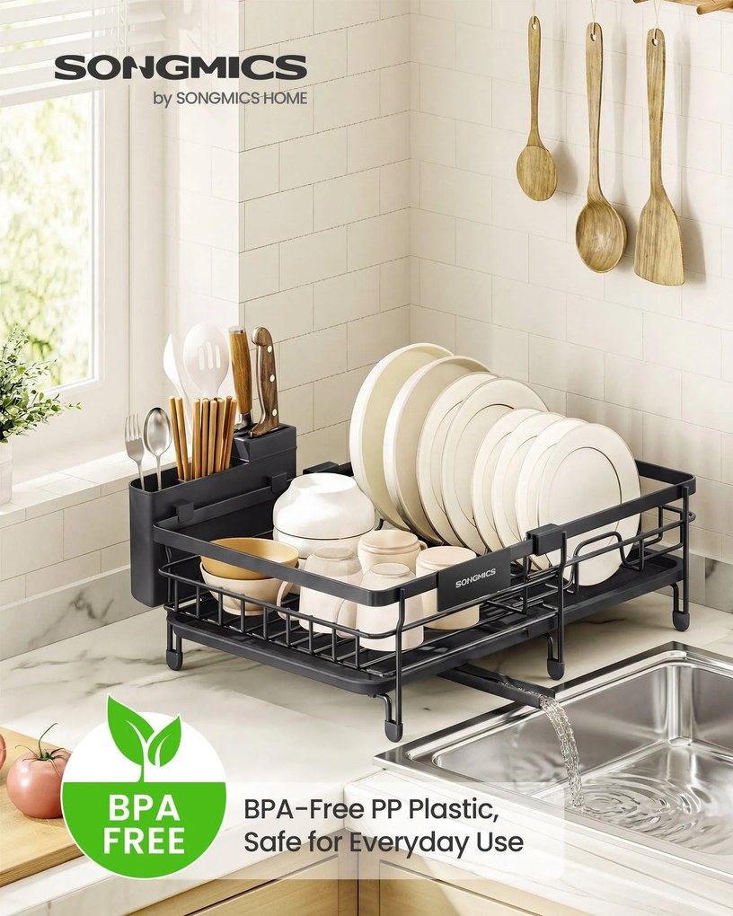SONGMICS edényszárító állvány, kihúzható mosogató szárító, 360° vízelvezetés, tintafekete