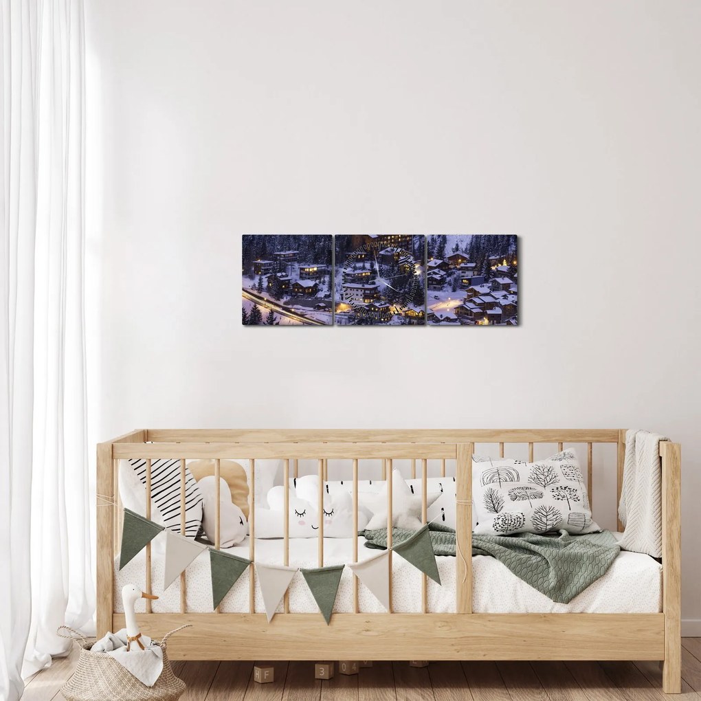 Kép - téli hegyi város (órával) (90x30 cm)