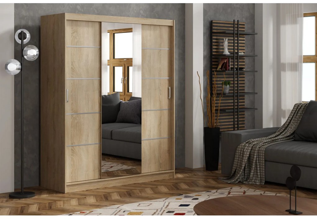 Rico 180 cm 4 fiókos, tolóajtós gardróbszekrény sonoma színben