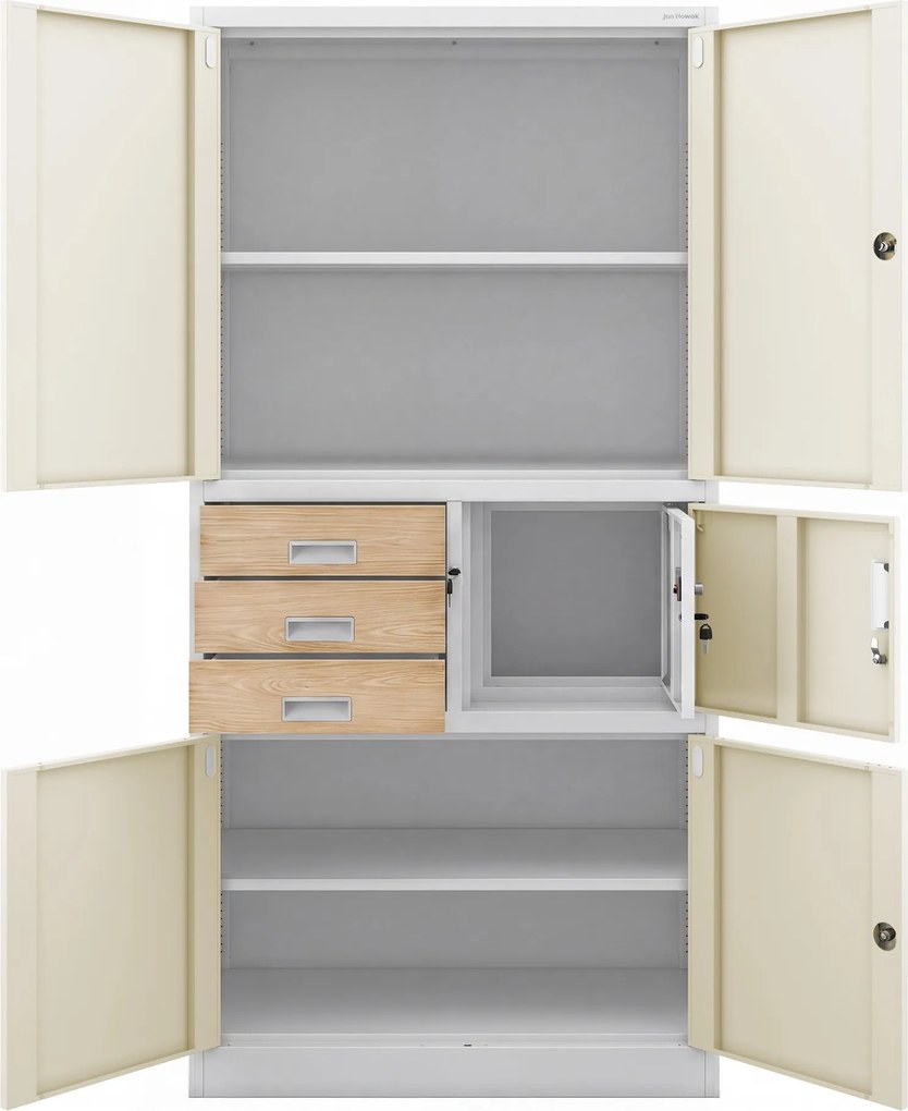 Fém irodai szekrény széffel, fehér, sonoma tölgy, 900x1850x400 mm: FILIP II Eco Design