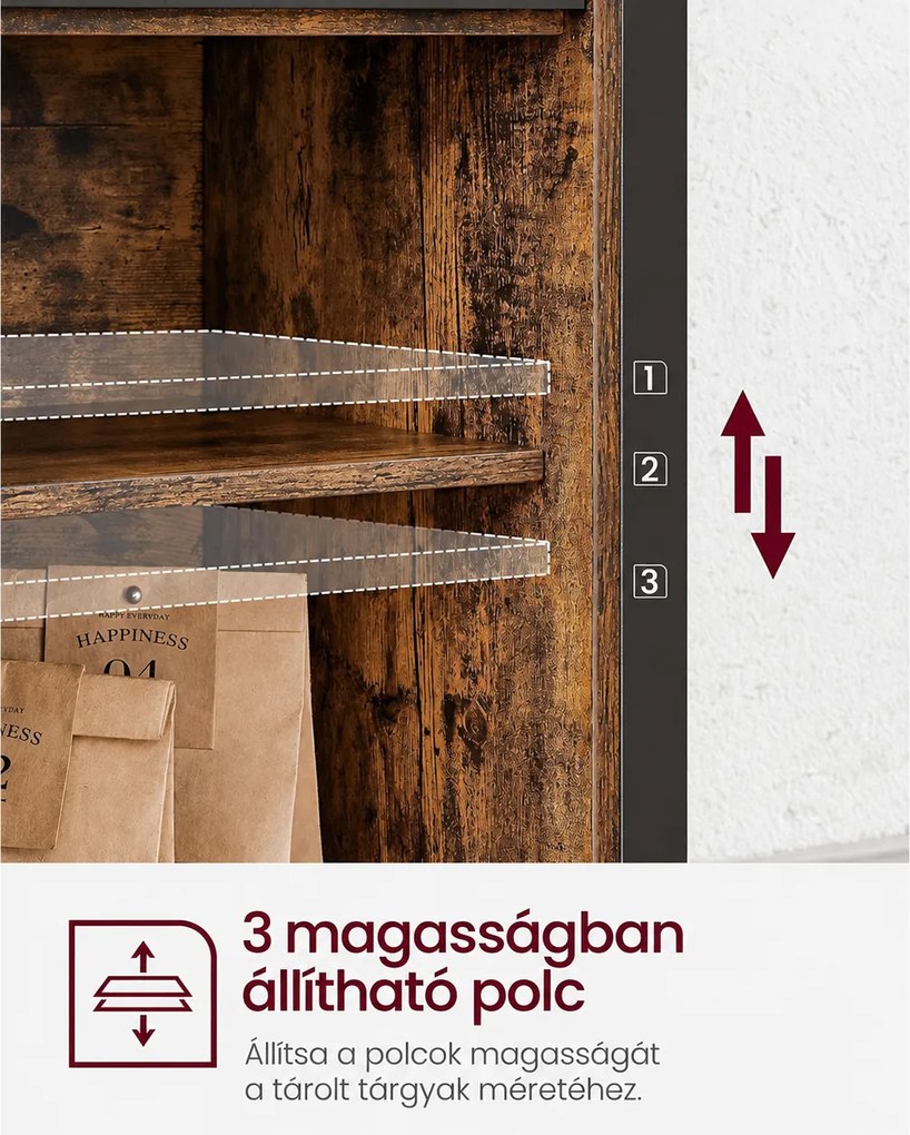 Ipari stílusú tálalószekrény tolóajtókkal, 6 tárolórekesszel és állítható polcokkal, 100 x 33 x 80 cm, rusztikus barna és fekete