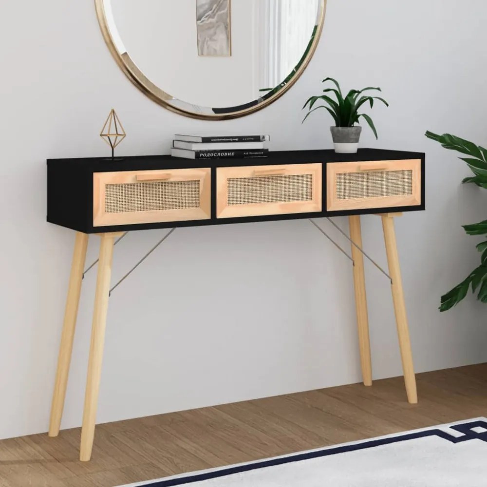 fekete tömör fenyő és természetes rattan kisasztal 105x30x75 cm