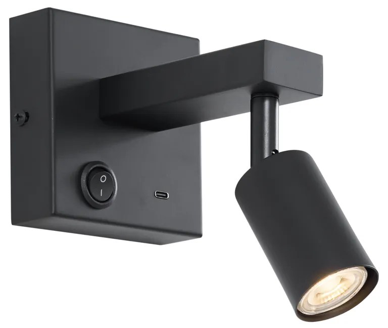 Modern fekete dönthető fali lámpa USB-C csatlakozóval - Rex