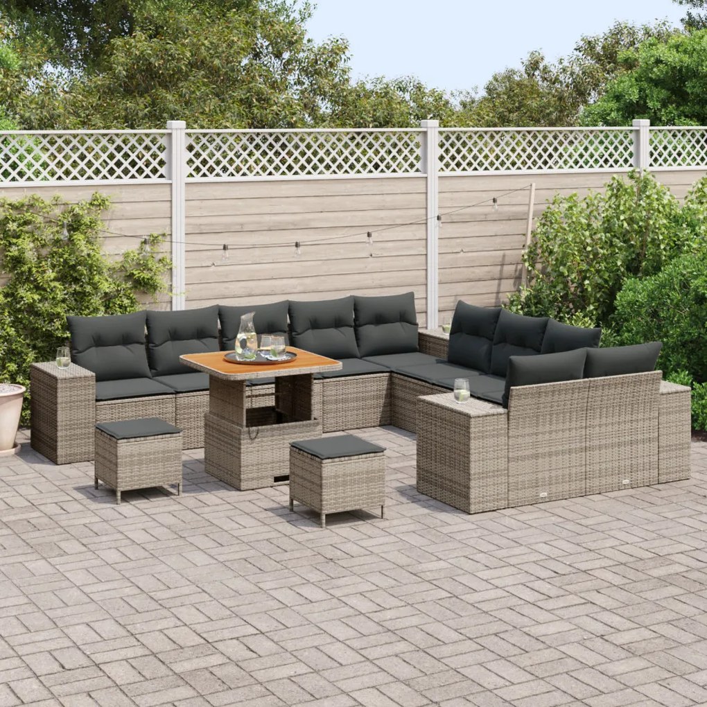 13 db-os kerti kanapé szett párnákkal szürke polyrattan akáciával, 3 db-os kerti étkező szett párnákkal szürke polyrattan akáciával