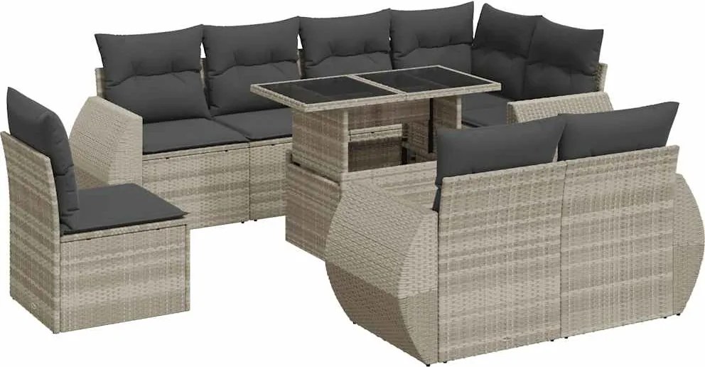 vidaXL 9 részes világosszürke polyrattan kerti ülőgarnitúra párnával