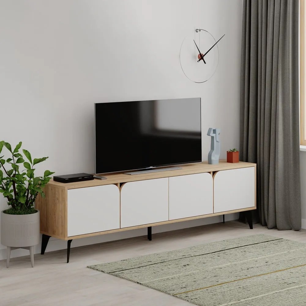 Fehér-natúr színű TV-állvány tölgyfa dekorral 180x51 cm Nola – Marckeric