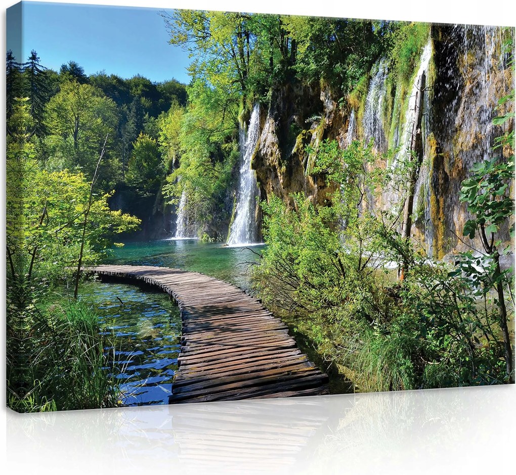 Vászonkép 70x50 Vízesések fa ösvény türkiz víz zöld természet nyugalom