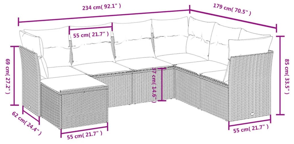 7 részes fekete polyrattan kerti ülőgarnitúra párnával